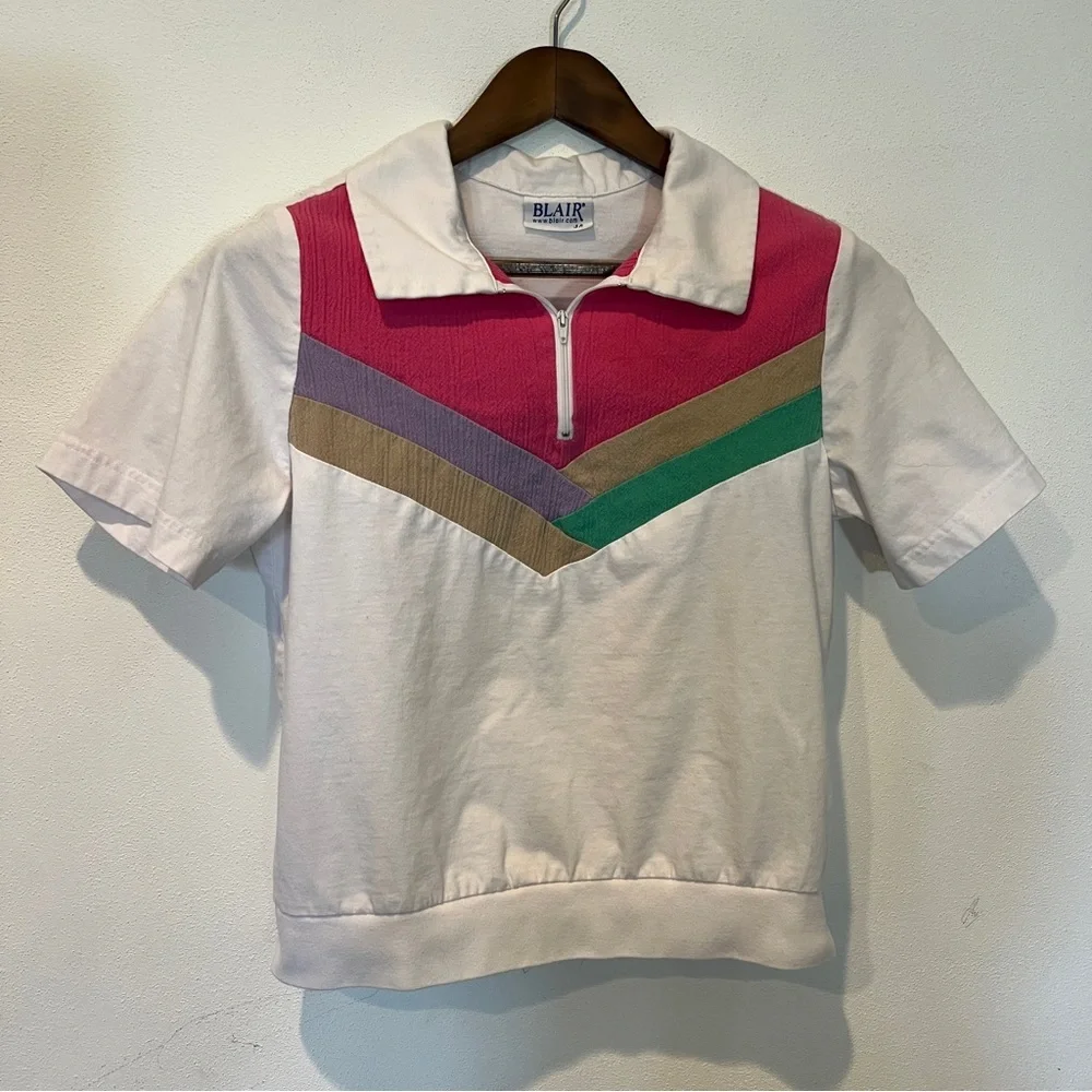 Vintage Blair Chevron Color Block 1/4 Zip Pullover Short Sleeve Shirt - Picture 2 of 8